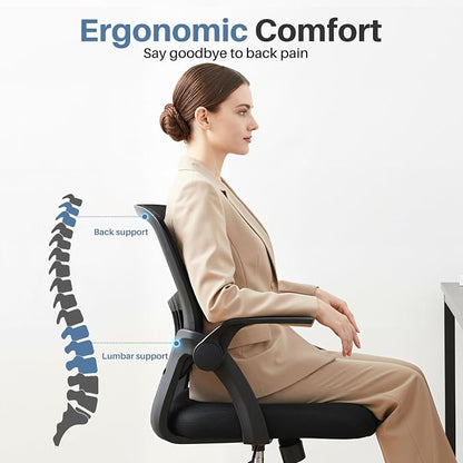 DUMOS Home Office Desk Chair - Ergonomic Computer Mesh Chair with Lumbar Support & Rocking Mode, Height Adjustable, Flip-up Armrest, for Conference, Meeting Room, 360° Swivel, Adults, Black
