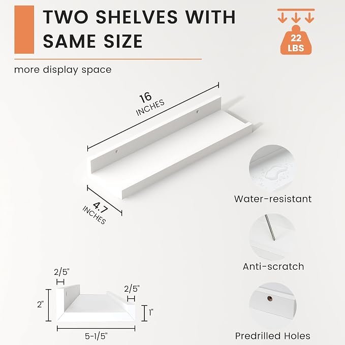 FLYJOE Picture Ledge Shelf, Floating Shelves Set of 2, 16 Inches Nursery Book Shelves for Toys Storage, Kids Bookshelf Wall Mounted for Living Room Bedroom Decor Books Photo Frames, White