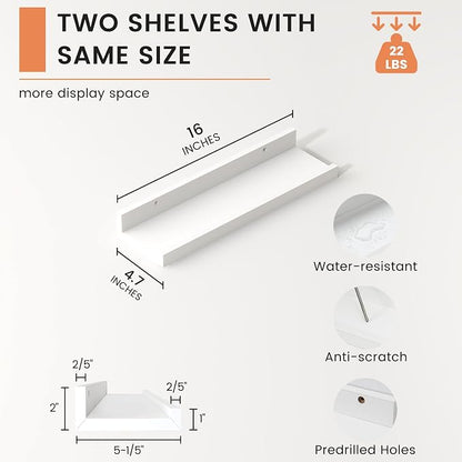 FLYJOE Picture Ledge Shelf, Floating Shelves Set of 2, 16 Inches Nursery Book Shelves for Toys Storage, Kids Bookshelf Wall Mounted for Living Room Bedroom Decor Books Photo Frames, White