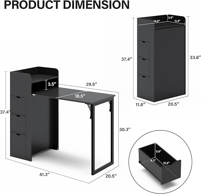 LAUSAINT HOME Wall Mounted Foldable Desk, Space Saving Hidden Desk with Storage & Power Outlet, Fold Out Table for Small Spaces, Home Office Bedroom (Black)