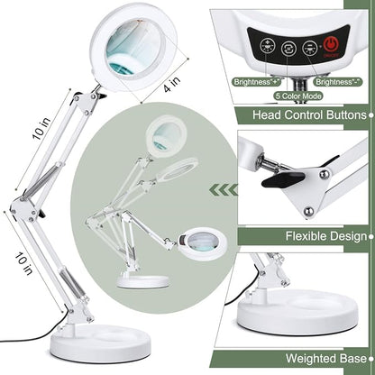 12X Magnifying Glass with Light and Stand, Upgrade Button 5 Color Modes Stepless Dimmable, 2-in-1 LED Lighted Magnifier Light, Hands Free Desk Lamp with Clamp for Craft Hobby Close Work - White