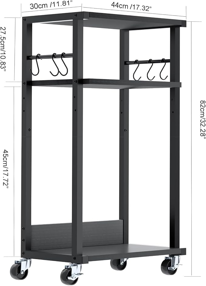 YMYNY Mobile Printer Stand, 3-Tier Printer Cart with Adjustable Storage Shelf and 6 S-Hooks, Tall Printer Table for Home Office, for Computer Tower Stand, Shredder, CPU Stand, Black, UHPT002B