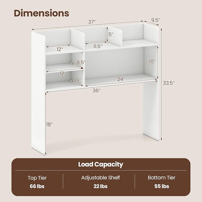 LDAILY 3-Tier Desktop Bookshelf, Wooden Desk Hutch for Computer Monitor Up to 32 Inch, Desk Organizer Shelf with Adjustable Shelf & 6 Storage Shelves, Desk Display Rack for Home Office Dorm (White)