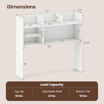 LDAILY 3-Tier Desktop Bookshelf, Wooden Desk Hutch for Computer Monitor Up to 32 Inch, Desk Organizer Shelf with Adjustable Shelf & 6 Storage Shelves, Desk Display Rack for Home Office Dorm (White)
