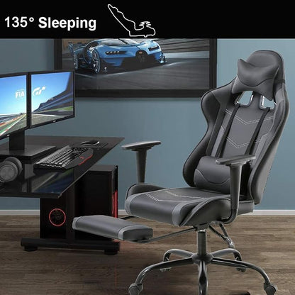 BestOffice | Ergonomic Gaming Chair | Grey | Reclining Computer Chair with Lumbar Support, Headrest Pillow, Adjustable Footrests | 360 Swivel with Heavy Duty Wheels | for Home & Office