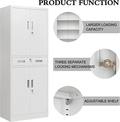 CJF 71" H Tall Metal Storage Cabinet with Drawer, Locking Garage Cabinet with 2 Adjustable Shelves, Heavy-Duty Tool File Storage Cabinets for Home Office, Kitchen, Warehouse, Shop (White)