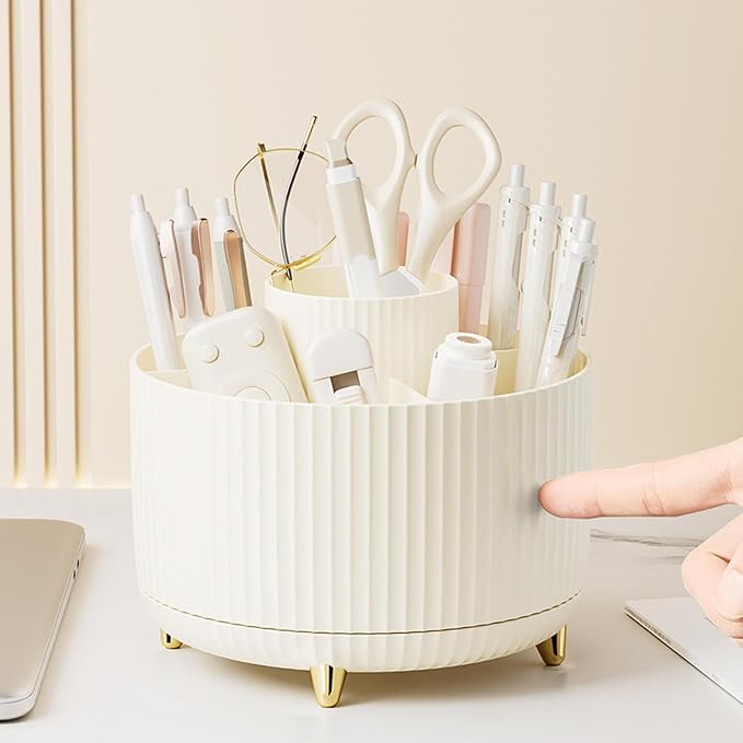 Desk Pencil Pen Holder 5 Slots 360°Degree Rotating Pen Organizers for Desk Desktop Storage Stationery Supplies Organizer Cute Cup Pot Kids Desk Organizer for Office Home School（Cream2）