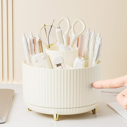 Desk Pencil Pen Holder 5 Slots 360°Degree Rotating Pen Organizers for Desk Desktop Storage Stationery Supplies Organizer Cute Cup Pot Kids Desk Organizer for Office Home School（Cream2）
