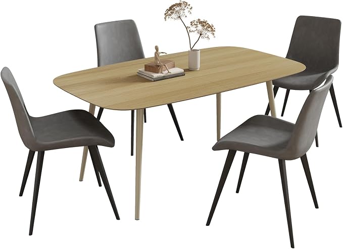 HIPIHOM 55.1'' Dining Table Set for 4,Modern Wood Dining Table,Leather Dining Chairs 4,Table and Chairs Set of 4,Ideal for Kitchen Dining Room (Cat Scratch Table + 4 Gray Chairs, 55.1")