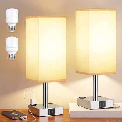 aooshine Touch Bedside Table Lamp Set of 2-3-Way Dimmable Night Lamp with USB A + Type C Charging Ports and Two AC Outlets, Small Desk Light with E26 LED Bulb for Bedroom Living Room Dorm Office