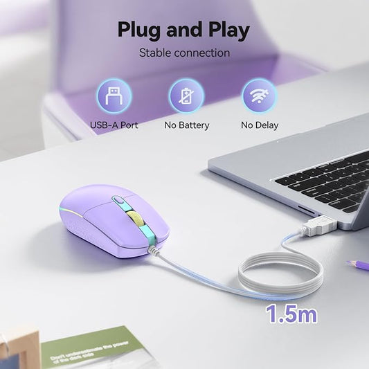 TECKNET Wired Mouse - USB Corded Mouse with RGB Backlit Full Size Optical Silent Mouse with Side Buttons,LED Plug and Play Wired Connection Office Mice for Desktop,PC,Laptop