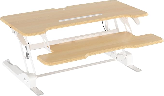 Mount-It! Height Adjustable Standing Desk Converter, 38” Wide, Desk Riser for 2 Monitors, Manual Gas Spring Sit Stand Desktop Raises to 16.9", Fits Two Monitor Screens with Keyboard Mouse Tray Maple