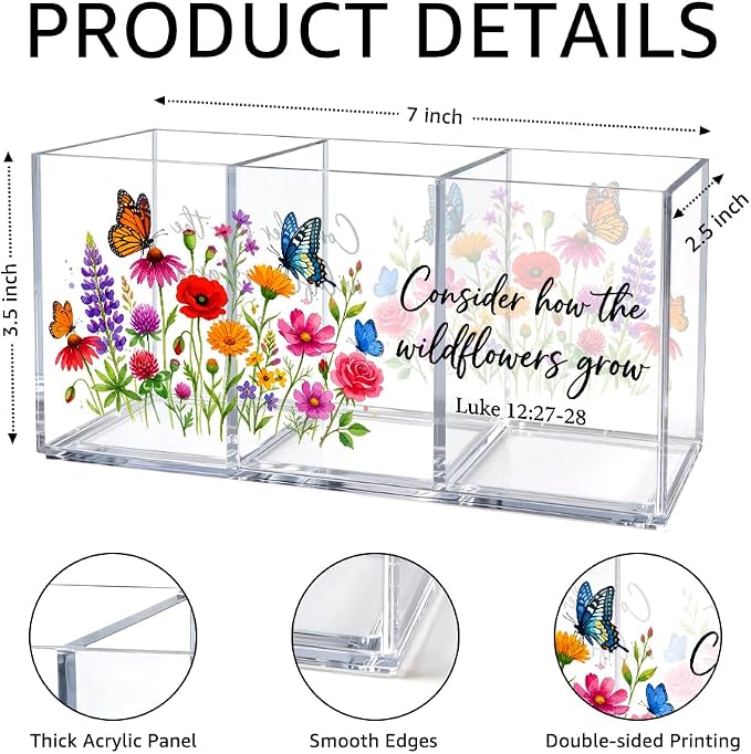 3 Compartments Funny Floral Acrylic Desk Organizer, Pen Holder & Makeup Organizer for Women, Colorful Wildflower Office Gifts for Coworker, Aesthetic Desk Decor for Women Vanity Office School