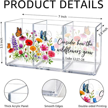 3 Compartments Funny Floral Acrylic Desk Organizer, Pen Holder & Makeup Organizer for Women, Colorful Wildflower Office Gifts for Coworker, Aesthetic Desk Decor for Women Vanity Office School