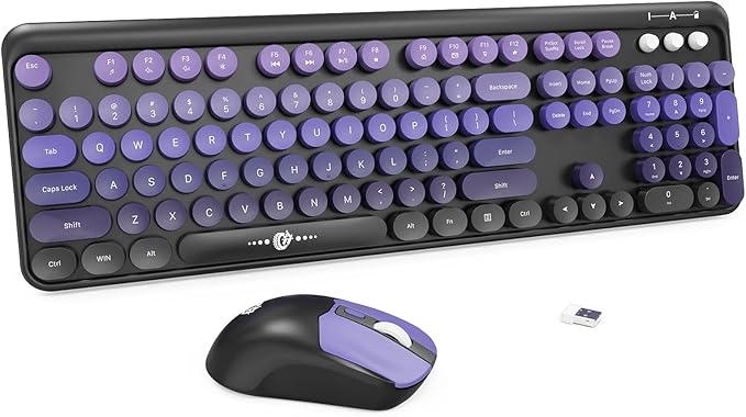 Purple Wireless Keyboard and Mouse Combo, Retro Round Key Typewriter Style Keyboard, Cute Full Size Aesthetic Bubble Keyboard with Number Pad for PC Laptop Desktop Computer