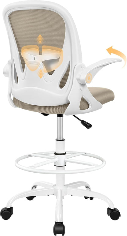 Primy Drafting Chair Tall Office Chair with Flip-up Armrests Executive Ergonomic Computer Standing Desk Chair with Lumbar Support and Adjustable Footrest Ring（Khaki）