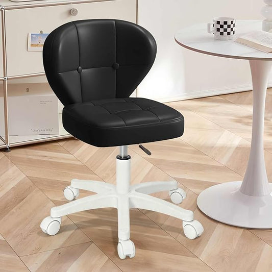 Small Office Chair with Lumbar Support, PU Leather Armless Swivel Desk Chair Adjustable Height, Compact Rolling Chair for Home Office, Bedroom, Study (Black)