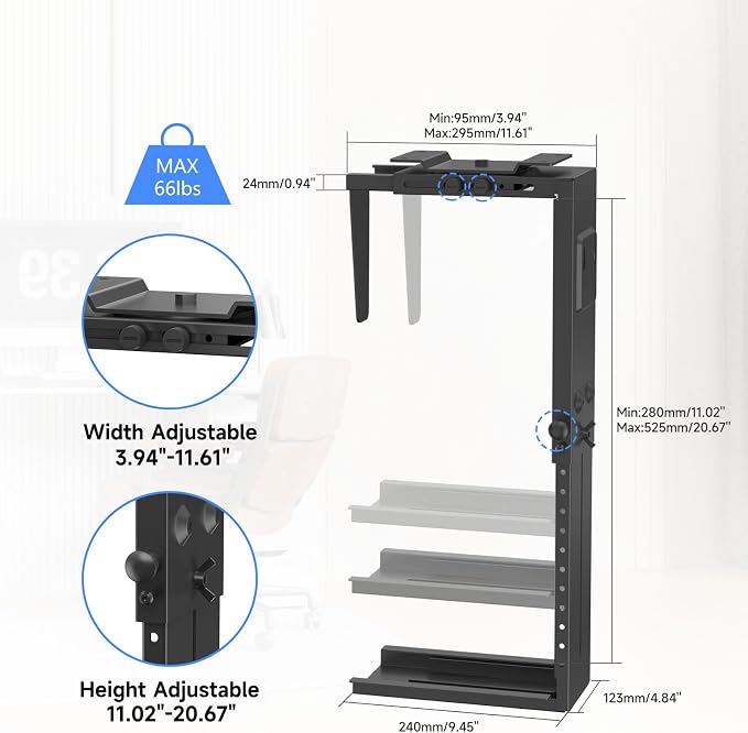 Suptek Adjustable Under Desk and Wall PC Mount,3.94 to 11.61 inch Wide Computer Case CPU Hanger Holder 360 Degree Rotatable Under-Desk PC Hanging Stand Holder Mount (ZJJ001XL)