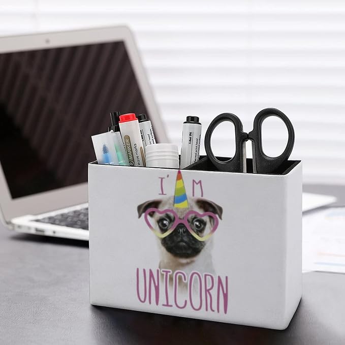 Niapessel Pencil Holder for Desk, Cute Pugs And Unicorns Pen Holder Storage Desktop Pen Organizer Desk Pencil Organizer Makeup Brush Holder for Office School College Leather