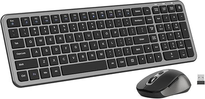 Silent Keyboard and Mouse, Wireless Compact Full-Size Computer Keyboard with Calculator Button, 2400 DPI Mouse, Quiet Clicking, Ultra-Thin Cordless USB Kit for Windows Mac Laptops - Iron Grey