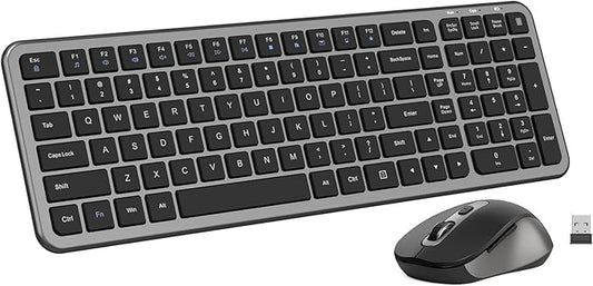 Silent Keyboard and Mouse, Wireless Compact Full-Size Computer Keyboard with Calculator Button, 2400 DPI Mouse, Quiet Clicking, Ultra-Thin Cordless USB Kit for Windows Mac Laptops - Iron Grey