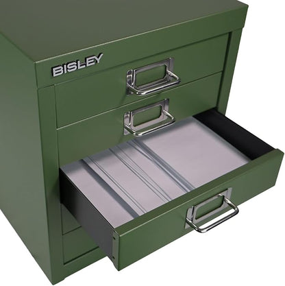 Bisley 5-Drawer Steel MultiDrawer Cabinet - Olive Green | Chrome Pull Handles with Label Holders, Powder-Coated Steel, Removable Drawers, Desktop Storage, Labels Included