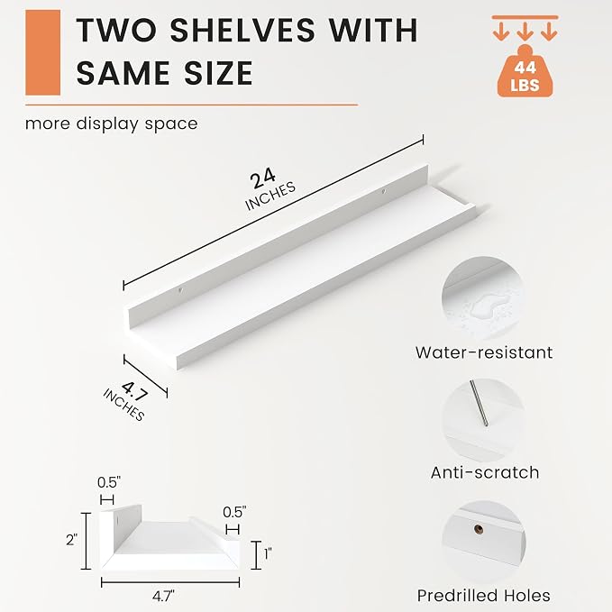 FLYJOE Picture Ledge Shelf, Floating Shelves Set of 2, 24 Inches Nursery Book Shelves for Toys Storage, Kids Bookshelf Wall Mounted for Living Room Bedroom Decor Books Photo Frames, White