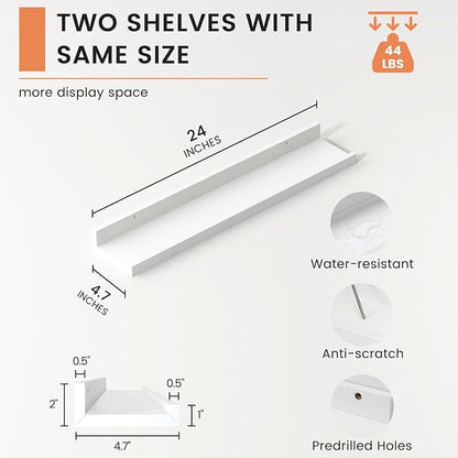 FLYJOE Picture Ledge Shelf, Floating Shelves Set of 2, 24 Inches Nursery Book Shelves for Toys Storage, Kids Bookshelf Wall Mounted for Living Room Bedroom Decor Books Photo Frames, White