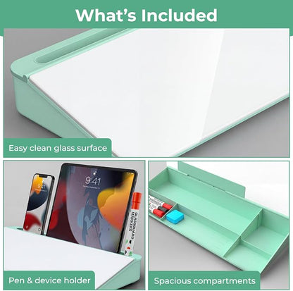 Chalkola Green Glass Desktop Whiteboard with Storage - Dry Erase Board, Work Desk Organizers, Computer Keyboard Stand, Home Office Desk Accessories, Workspace Desktop Buddy