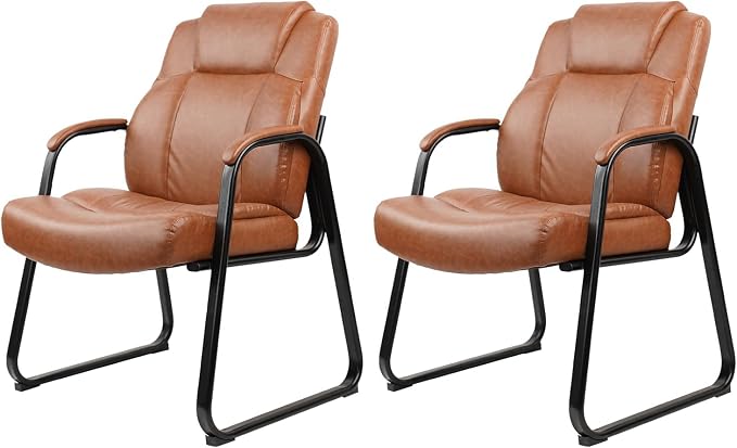 CLATINA Big Tall 500 LB Wide Guest Chairs Heavy Duty, Leather Side Reception Chairs with Sled Base and Arms, Executive Office Desk Chair No Wheels for Meeting Conference Waiting Room Home, Brown 2 PK