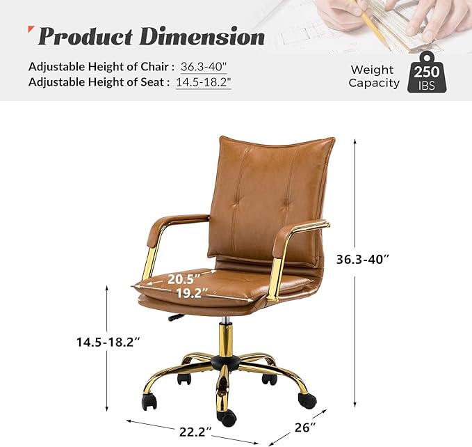 HULALA HOME Faux Leather Home Office Desk Chair, Adjustable Swivel Computer Chair with Golden Legs and Arms, Comfy Upholstered Task Chair,Camel