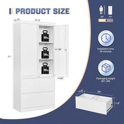 2 Drawer Lateral File Cabinet, Office Storage Cabinet with 2 Wide&Deep Drawers and Locking Doors, White Metal Cabinet with Adjustable Shelves for Home Office, Fits A4/Letter/Legal Size Folders