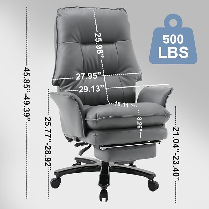 Big and Tall Office Chair 500LBS, Ergonomic Gaming Chair Reclining Office Chair with Foot Rest for Adult,Pu Leather Computer Desk Chair with Adjustable Armrests for Home Living Room,Grey