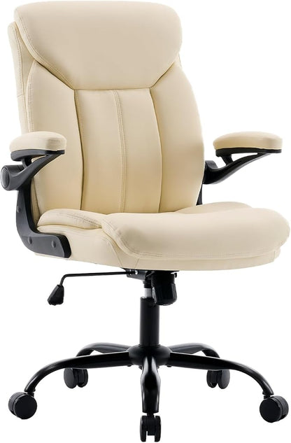 Leather Executive Office Chair - Ergonomic Computer Chair with Flip-up Arms Comfy PU Leather Home Desk Chairs Mid Back Support Adjustable Height Tilt Lock Swivel Rolling Wheels, Beige