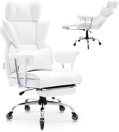 VEVOR Reclining Office Chair with Footrest, Heavy Duty PU Leather Oversize Office Chair, Big and Tall Executive Office Chairs with Lumbar Support, Strong Metal Base Quiet Wheels, White