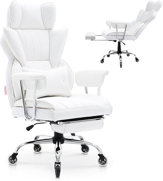VEVOR Reclining Office Chair with Footrest, Heavy Duty PU Leather Oversize Office Chair, Big and Tall Executive Office Chairs with Lumbar Support, Strong Metal Base Quiet Wheels, White