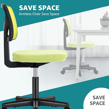 OLIXIS Armless Office Chair, Ergonomic Desk Chair with Wheels, Mesh Back, Removable Washable Foam Cushion, Height Adjustable Rolling Swivel Chairs for Small Space, Home, Office, Green