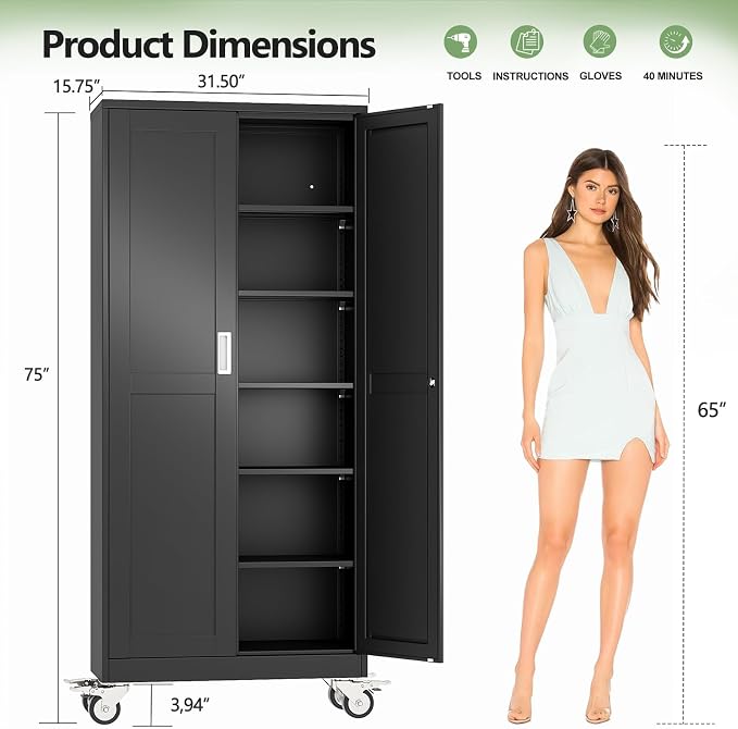 Metal Garage Storage Cabinets and storage system, 75”Tall Rolling utility cabinet with Wheels, Lock, 5 Adjustable Shelves, Heavy Duty Steel Tool Locker for Home Office, Utility Room, Gym,Black