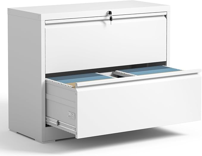 IKIMI 2 Drawer Lateral File Cabinets Office Metal Filing Cabinet Steel Storage Cabinet with Lock Wide Horizontal Filing Cabinets for Hanging Files Legal/Letter/A4 Size Assembly Required