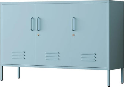 Blue Metal Storage Cabinet with Lock, 47.5" Wide Ventilated Door Locker, 2 Adjustable Shelves, Heavy Duty Home Accent Cabinet for Living Room Kitchen Office Study
