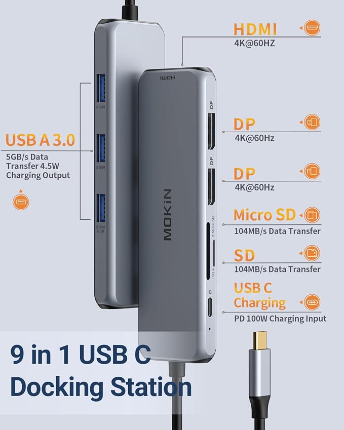 Docking Station Dual DisplayPort, MOKiN USB C Hub Dongle with 2 DP, HDMI, 3 USB A 3.0, SD & microSD Slot, PD Charging Port for MacBook/Dell XPS/Steam Deck/HP/Lenovo ThinkPad/Microsoft Surface