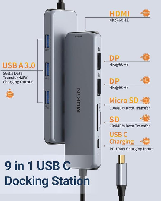 Docking Station Dual DisplayPort, MOKiN USB C Hub Dongle with 2 DP, HDMI, 3 USB A 3.0, SD & microSD Slot, PD Charging Port for MacBook/Dell XPS/Steam Deck/HP/Lenovo ThinkPad/Microsoft Surface