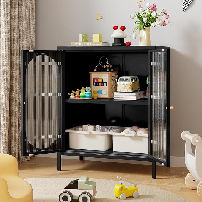 2 Translucent Door Metal Accent Storage Cabinet-Locker Cabinet for Office Room,Garage-Metal Storage Cabinet with 1 Adjustable Shelves(Translucent Door, Black)