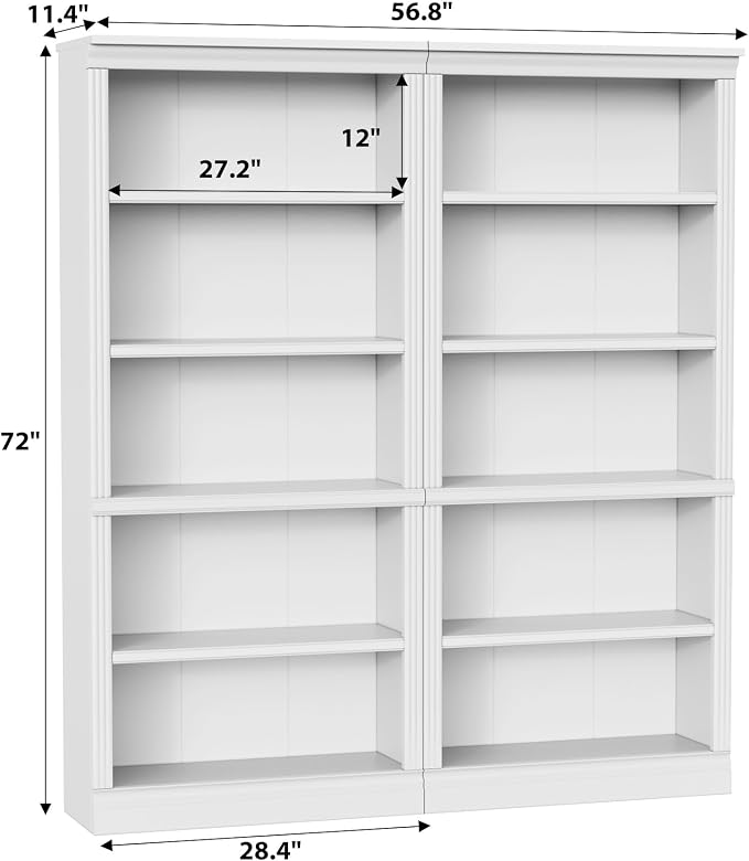 Furniwell Bookcase Bookshelves, 5-Shelf Tall Bookcase 71" Wood Open Display Floor Bookshelf, Large Storage Organizer for Library, Bedroom, Living Room, Set of 2 (White)