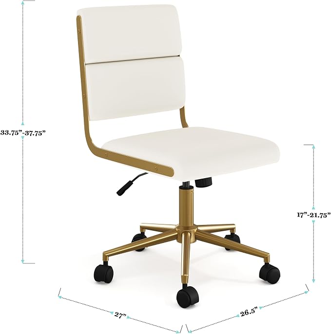 Martha Stewart Lulu Swivel Task Chair with Height Adjustable Seat for Home Office in Off White Faux Leather with Polished Brass Frame