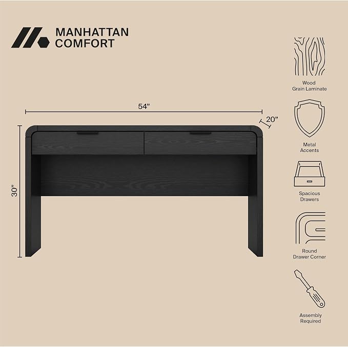 Manhattan Comfort Grace 54" Modern Office Desk with 2 Drawers, Wood Table with Metal Recessed Handles for Work from Home, Study, Craft, Stylish Executive Desk, Black