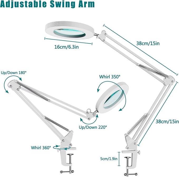 YOUKOYI LED Magnifying Lamp Metal Swing Arm Magnifier Lamp -10 Levels Brightness, 3 Color Modes, 5X Magnification, 4.1" Diameter Glass Lens, Adjustable Industrial Clamp for Reading/Office/Work (White)