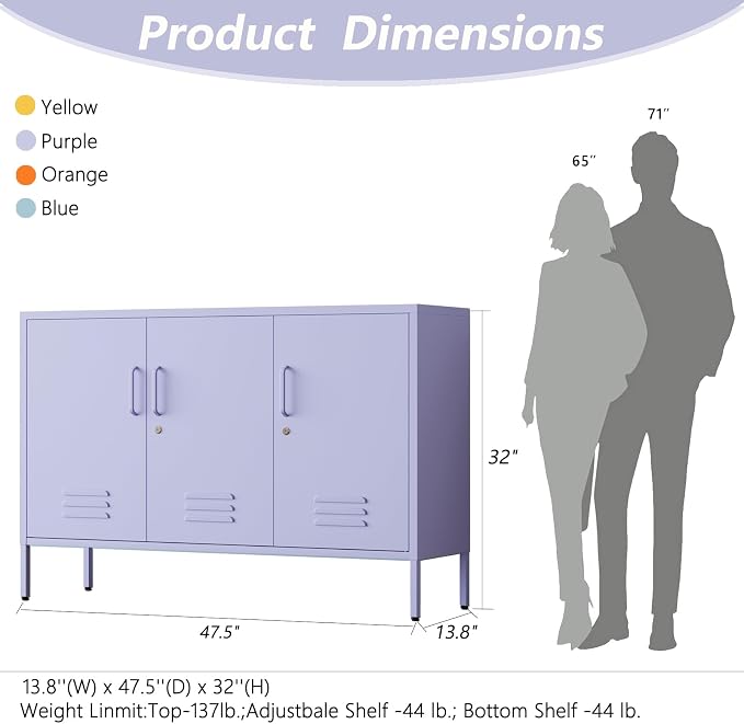 Purple Wide 3-Door Accent Cabinet, Lockable Metal Sideboard with Adjustable Shelves, Multifunctional Cabinet for Home Living Room Kitchen Bedroom