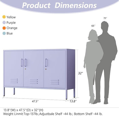 Purple Wide 3-Door Accent Cabinet, Lockable Metal Sideboard with Adjustable Shelves, Multifunctional Cabinet for Home Living Room Kitchen Bedroom