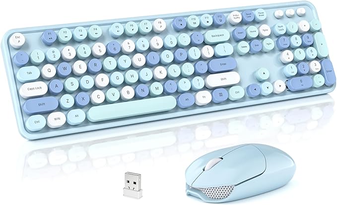 Wireless Keyboard and Mouse Combo, 2.4GHz Retro Full-Size Typewriter Keyboard with Number Pad and Wireless Mouse for PC/Laptop/Desktop/Windows (Pale Blue)